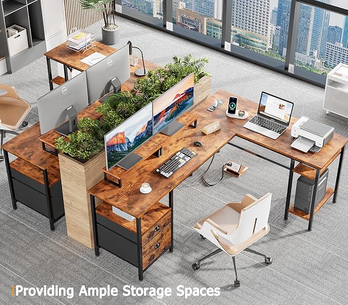 Furologee 66” L Shaped Desk with Power Outlet Reversible Computer Gaming Desk with File Drawer &amp 2 Monitor Stands for Home Office with Storage Shelves Rustic Brown