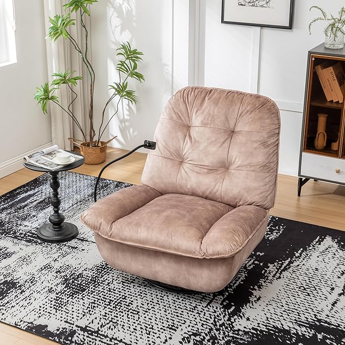 JOSHEN 41 Modern Velvet Reclining Lazy ChairLarge Reading ChairSwivel Gliding Rocking Chair with Mobile Phone Holder for Living RoomBedroomLight Brown