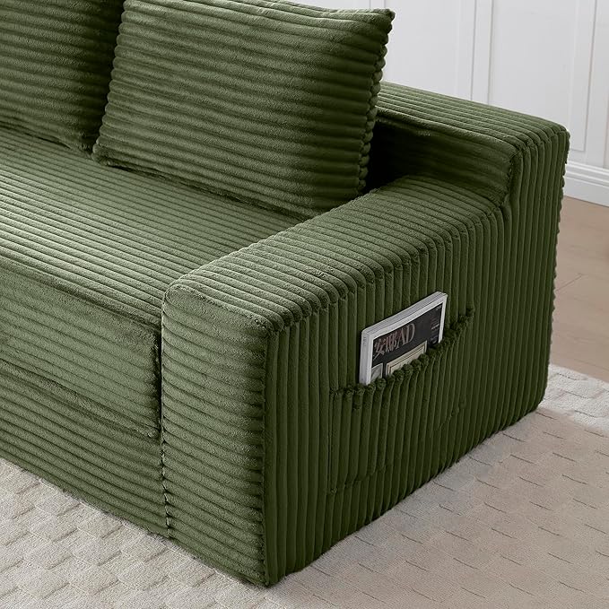 73 Convertible Sofa Bed 2 in 1 Corduroy Folding Couch with Pillows No Assembly Boneless Compression Sofa in Box Loveseat with Side Storage Pocket for Apartment Living Room Green