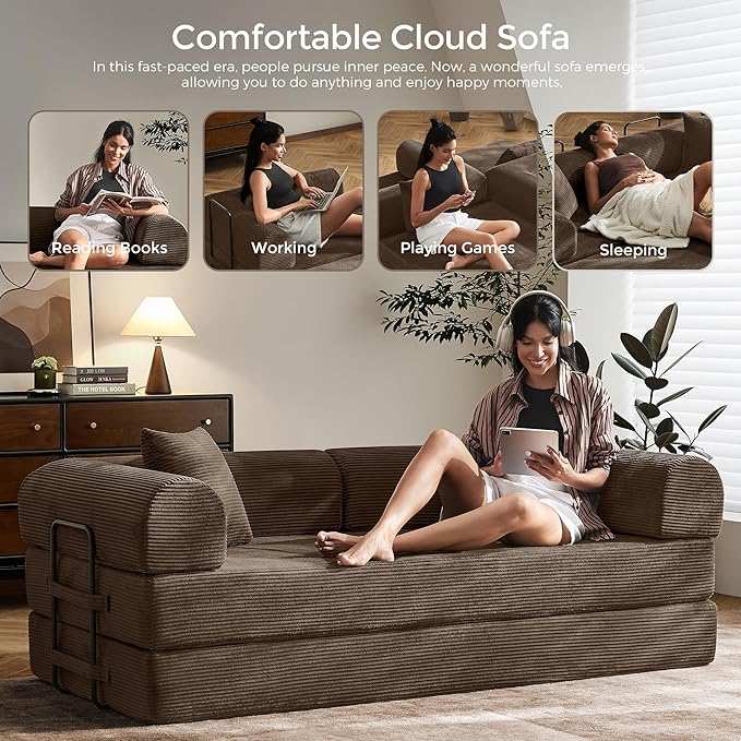 79 Modular Floor Sofa Convertible Sleeper Sofa with Reinforced Steel Frame Wrinkle-Resistant Corduroy Space Saving Design for Studio &amp Game Room (Brown)