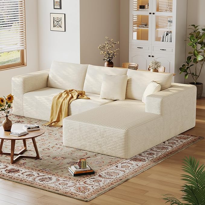 108'' Sectional Boneless Couches for Living RoomCloud Sectional Couch with L-Shape ChaiseModern Corduroy Modular Sofa with Deep SeatNo Assembly Required(Right Facing ChaiseBeige)