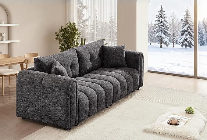 Mid Century Modern Boucle Sofas for Living Room 3 Seater Couch with Deep Seat Comfy Sherpa Cloud Couch Oversized Loveseat for Apartment Bedroom Home Office 91.5 Inch Dark Grey