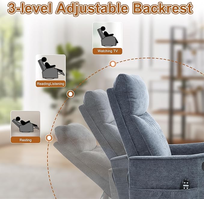 Manual Swivel Rocker Recliner Chair for Adults Overstuffed Recliner Glider with Massage and Heat Living Room Reclining Chair Fabric Blue