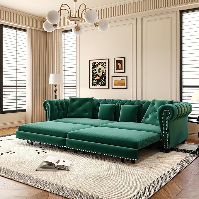 3-in-1 Convertible Sleeper Sofa Bed with Storage Ottoman King Size Velvet Tufted Chesterfield Sofa for Living Room Apartment Guest Room (Green)