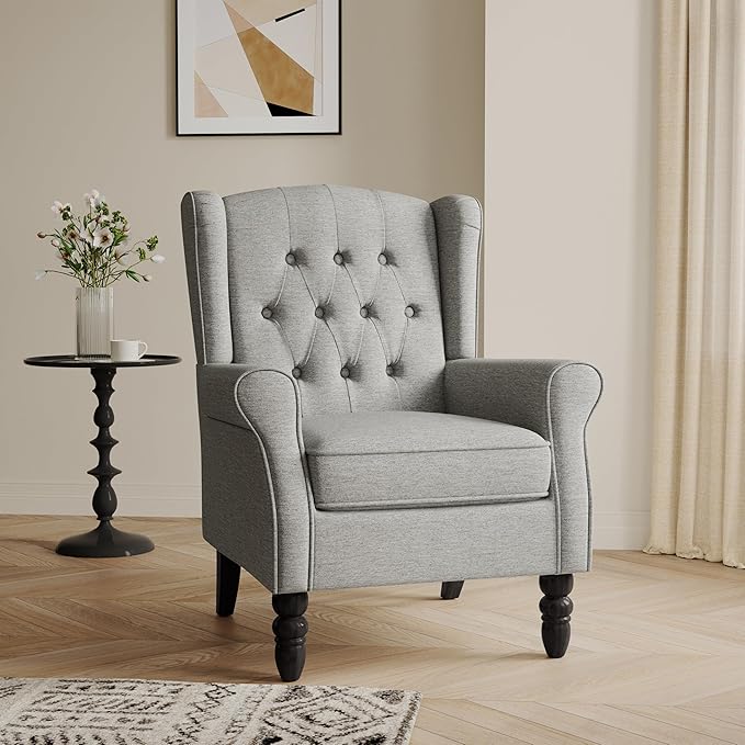 Accent Chair High Back Upholstered Chair with Button Tufted Mid-Century Modern Comfy Wingback Chair Reading Armchair in Fabric for Living Room for Bedroom Office-Light Gray