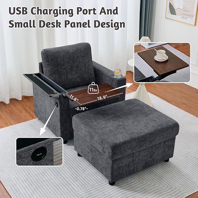 34.25 Accent Chairs with Storage Ottoman Set Upholstered Living Room Chairs for Reading Chair with Chaise Lounge Chairs Indoor Comfortable Armchair for Bedroom (Gray 34.25)