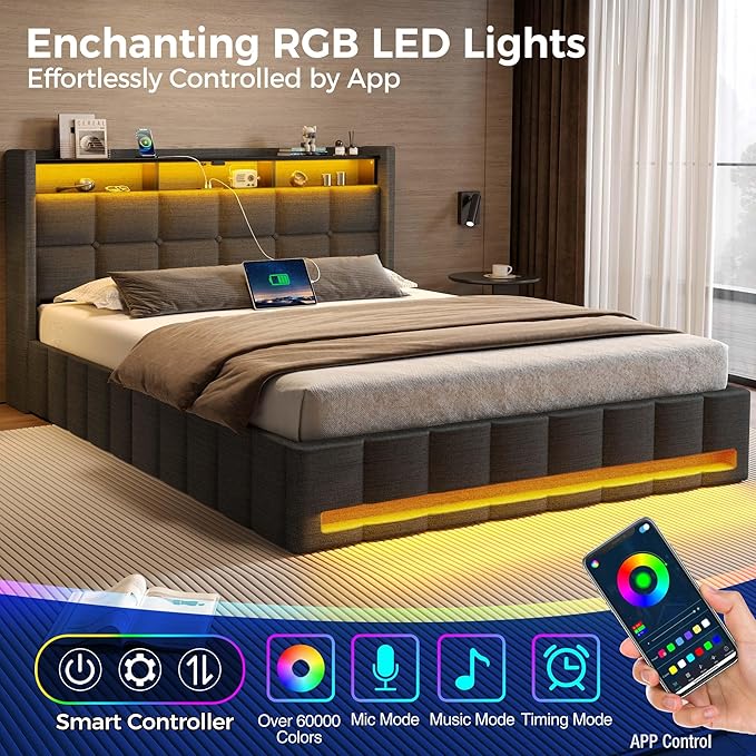 Rolanstar Bed Frame Queen Size with Lift Up Storage Charging Station &amp LED Lights Upholstered Storage Headboard Heavy Duty Wooden Slats No Box Spring Needed Noise Free Easy Assembly Dark Gr