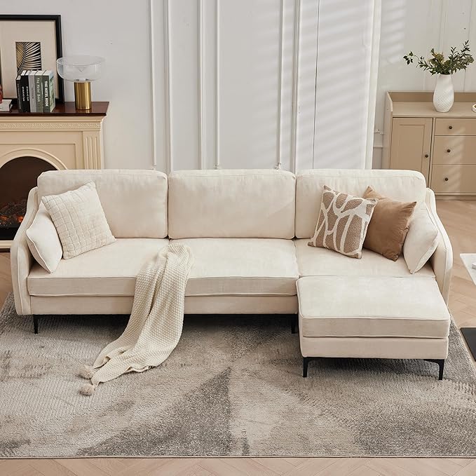 LSSBOUGHT 110 Sectional SofaL Shaped Sofa with Movable Ottoman Chenille Fabric 3 Seat Modern Couches for Living Room Apartment and Small Space (Beige)