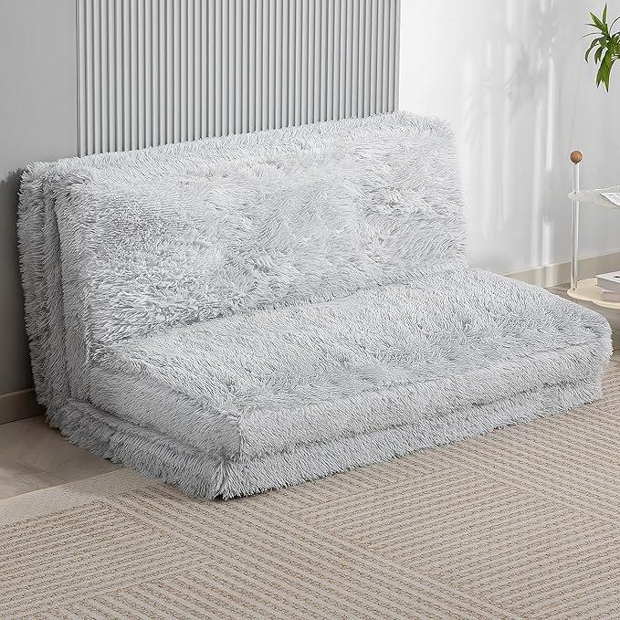 HOMCOM Bean Bag Chair Floor Sofa Bed for Adults Thick Long Folding Sofa Bed 54 x102 in Wall Couch Sleeper Chair Floor Mattress for Living Room Light Gray