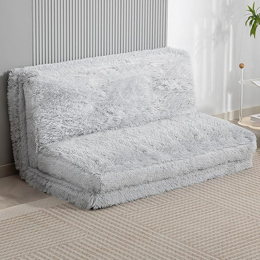 HOMCOM Bean Bag Chair Floor Sofa Bed for Adults Thick Long Folding Sofa Bed 54 x102 in Wall Couch Sleeper Chair Floor Mattress for Living Room Light Gray