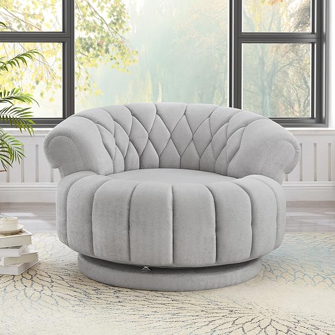360° Swivel Accent Chair Chenille Fabric Barrel Swivel Chair Round Club Chair with Curved Armrests &amp Thick Cushioning Stylish Channel-Tufted &amp Diamond-Quilted Backrest for Living Room (Gray