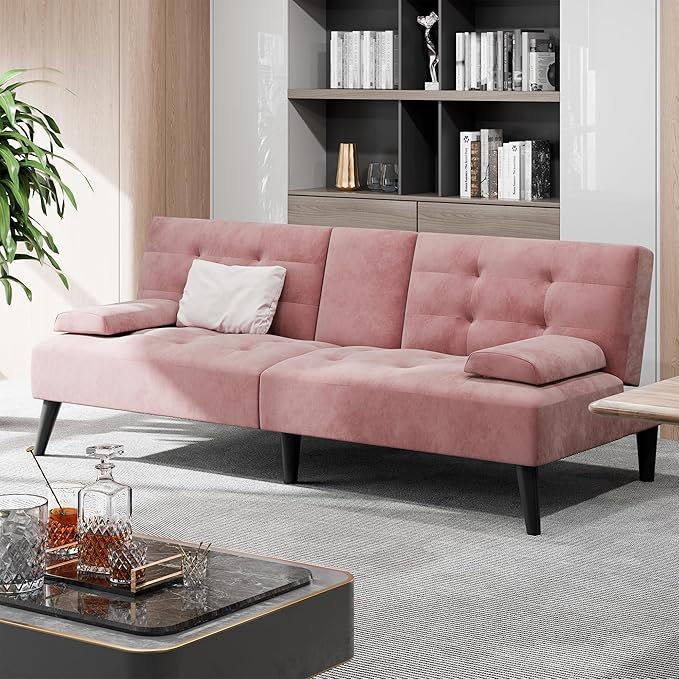 Shintenchi Futon Sofa Bed Velvet Foldable Couch Reclining Sleeper with Removable Armrests Upholstered Loveseat Sofa Couch with Folding Cup Holders for Home Office Pink