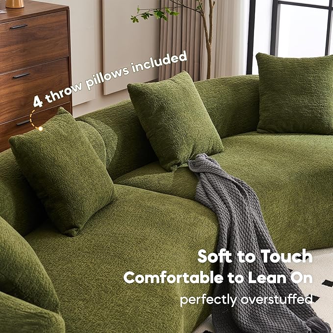 Yoglad 110‘’ Boneless Curved Sofa Modern Cloud 4-Seater Floor Couch Minimalist Compression Sofa for Living Room Apartment Studio Office No Assembly Needed(Chenille Green)
