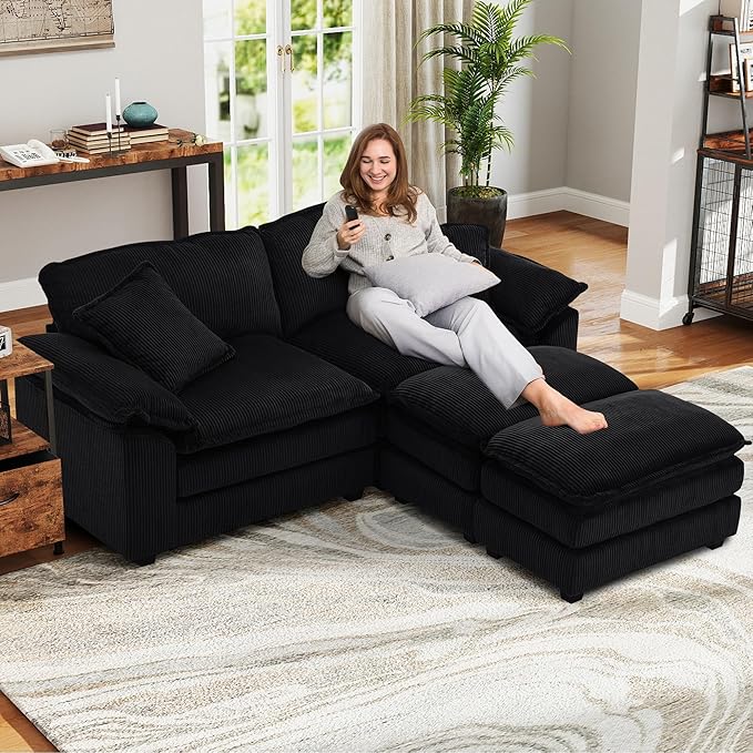 Oversized Chaise Lounge Chair Indoor with Ottoman 80.5W Corduroy Upholstered Modern Loveseat Sofa Deep Seat Modular Sectional Cloud Couch Sofa Comfy Reclining Sleeper Chair for Living Room Black