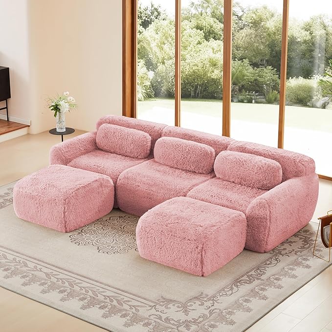 Boneless Couch Sectional Couches for Living Room 114.7'' U Shaped Modular Sectional Sofa with Ottoman Comfy Plush Cloud Couch with Deep Seat Oversized 3-Seater Modular Couches Pink