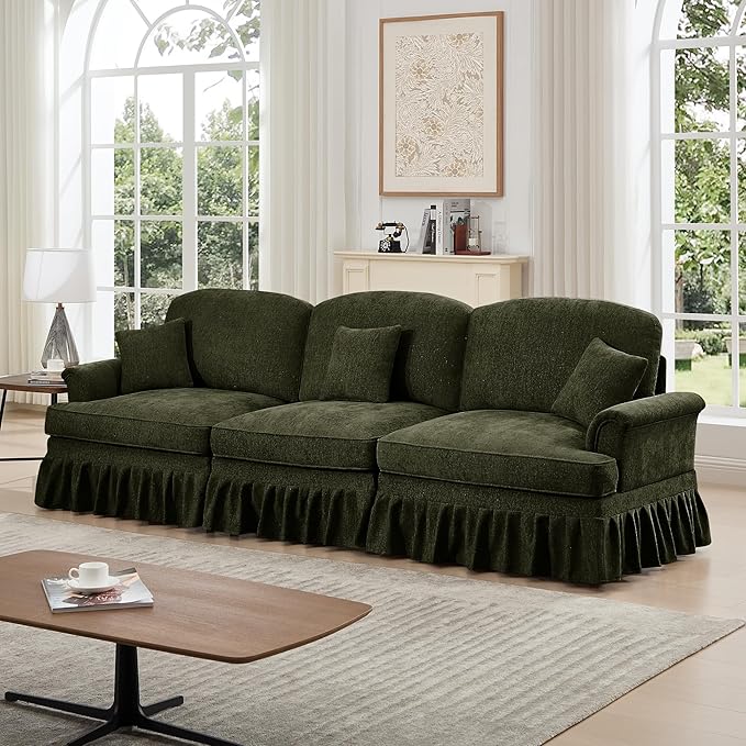 107 Modular Sectional Sofa for Living Room Comfy Chenille 3 Seat Couch with Detachable Ruffled Skirt Flared Arms Spindle Legs Traditional Sofa for Living Room Apartment(Green)
