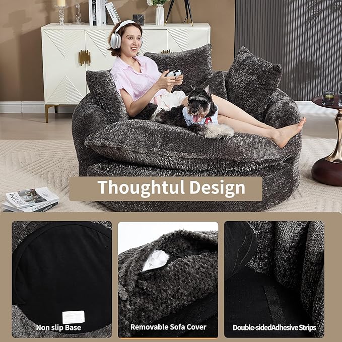 55 inch Oversized Round Chair Fluffy Chenille Boneless Sofa with Extra Deep Seat for Living Room Lounge (Grey)