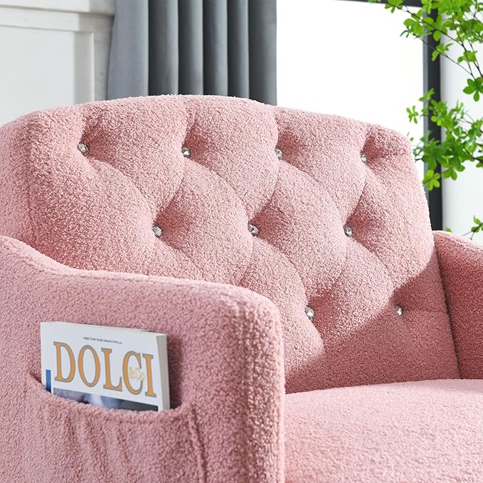30 W Modern Chesterfield Tufted Upholstered Chair with Deep Buttons Living Room Chair Comfortable Armchair Gold Hardware Legs Tufted Chair for Reading or Relaxing Pink Teddy