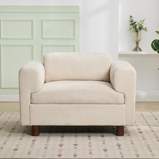 Modern Oversized Armchair Woven Velvet Comfy Accent Chair Single Sofa with Round Rubberwood Legs for Living Room Apartment Offices (Beige-Woven)