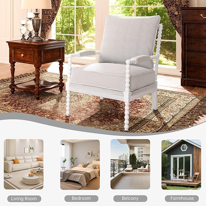 Morden Fort Linen Fabric Spindle Accent Chair with Wood Frame French Style Accent Chairs with Padded Spring Seat and Armrest Pads Brushed Base for Living Room Bedroom Farmhouse Office Balcony