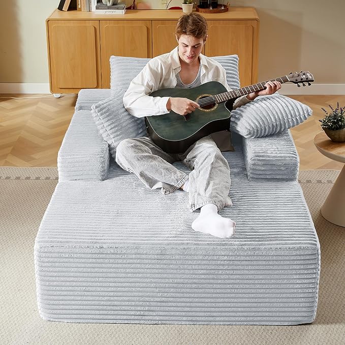 50Oversized Chaise Lounge Chair IndoorCorduroy Boneless Reading Chair with 3 PillowsDeep Seat Cloud Sofa BedComfy Modern Sleeper Chairs in Box for Living Room BedroomNo Assembly(Light Grey)