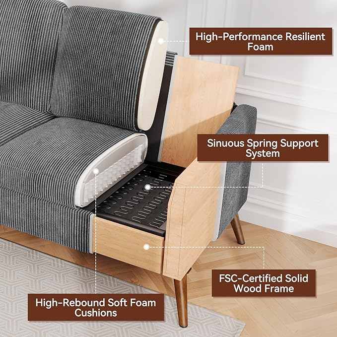 Vipbear 68 Loveseat Sofa - Dark Grey Comfy Corduroy with Spring Cushion Solid Wood Frame Modern Deep Seat Bedroom &amp Living Room Office Small Couch