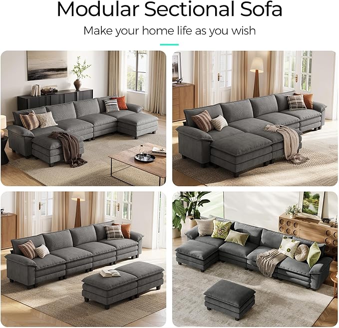 LINSY HOME 157'' Modular Sectional Sofa Grey Couch Corduroy Cloud Couches for Living Room U Shaped Couch with Movable Ottoman Modern Cloud Sectional Sofas for Bedroom and Apartment Grey