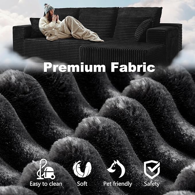 106'' Cloud Sectional Couch L-Shape Couch with Deep Seat Sectional Sofa Living Room Sofa No Assembly Required Black Right Chaise Corduroy Fabric