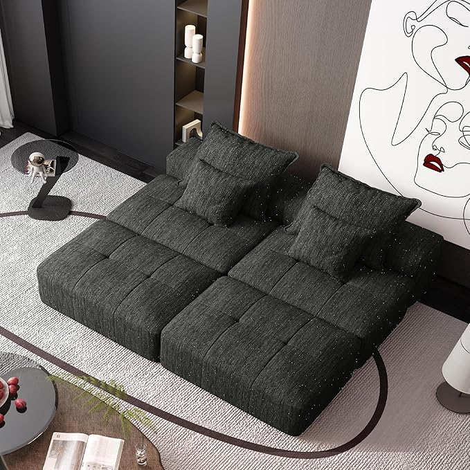 141'' Cloud Couch Modular Sectional Sofa with 2 Ottoman Oversized Loveseat Compression Boneless Sofa with Deep Seat Chenille Chaise Longue Minimalist Couches for Living Room Black