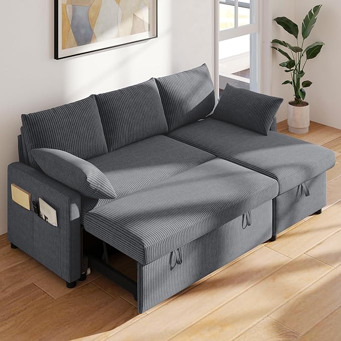 Real Relax 80'' Sofa Bed L Shaped Corduroy Sleeper Sofa Couch with Pull Out Bed and Chaise Storage for Living Room Apartment and Office Dark Gray