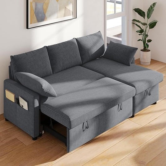 Real Relax 80'' Sofa Bed L Shaped Corduroy Sleeper Sofa Couch with Pull Out Bed and Chaise Storage for Living Room Apartment and Office Dark Gray