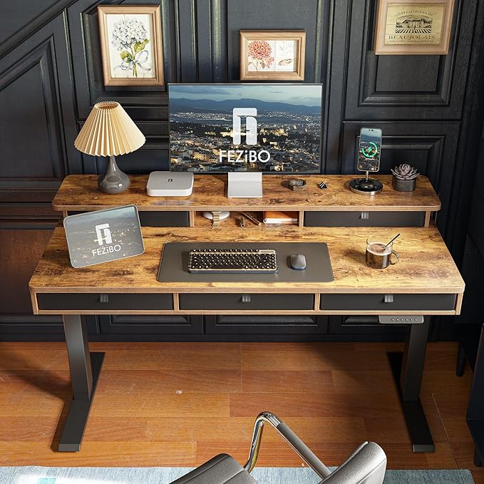 FEZIBO Height Adjustable Electric Standing Desk with 5 Drawers 55 x 24 Inch Table with Storage Shelf Sit Stand Desk Black Frame/Rustic Brown Top 55 inch