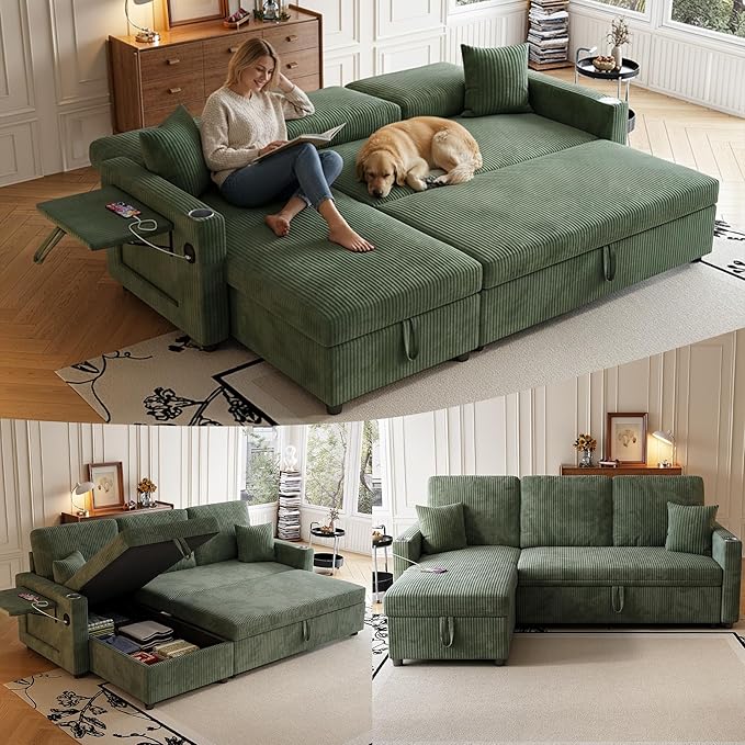 Sleeper Sectional Sofa 83 Convertible Sofa Bed with Pull Out Couches Small Desktop L Shaped Couch with Reversible Chaise Cup Holders USB Modern Corduroy Sofas for Living Room Apartment Green
