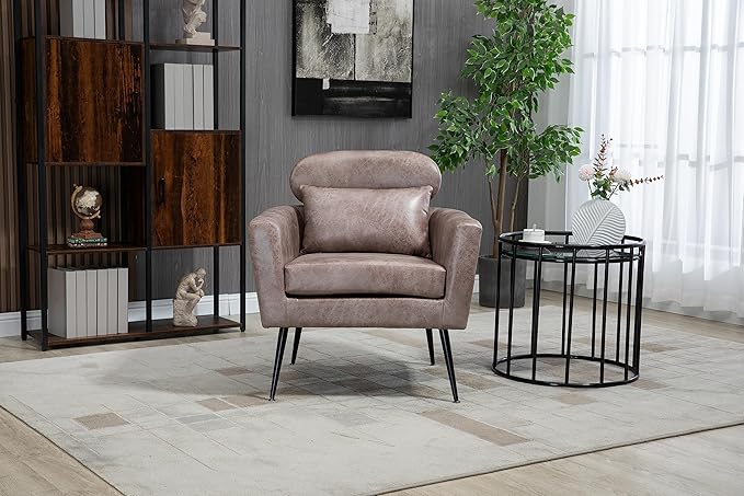 29.5 W Classical Accent Chair Armchair Upholstered Reading Chair Single Sofa Leisure Club Chair with Black Metal Leg and Throw Pillow for Living Room Bedroom Dorm Room Office Taupe Bronzing Suede