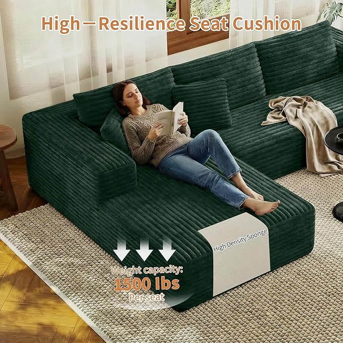 107 Modular Sectional Couches for Living Room Comfy L-Shaped Boneless Cloud Couch with Chaise Modern Deep Seat Corduroy Floor Sofa No Assembly Required (Left Facing Chaise Green) | High-density s