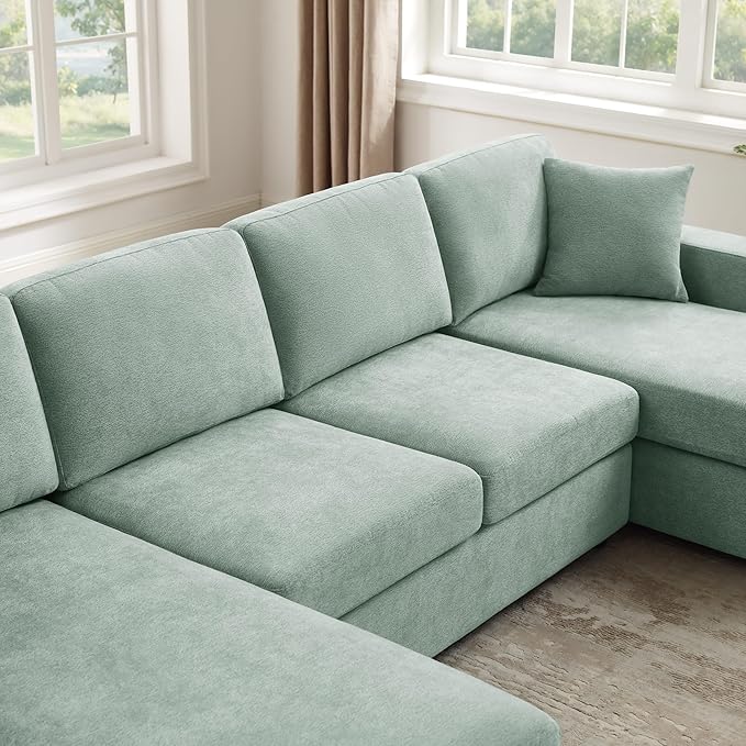 VANOMi 118'' U Shaped Sectional Sofa 4 Seat Modern Sectional Couch Double Chaise Longue Cozy Chenille Sofa Couches for Living Room Apartment Mint