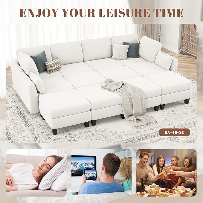 Sectional Sleeper Sofa 6 Seaters Modular Sleeper Sofa Couch Comfy Sectionals Couches Bed Convertible Sofas with Ottomans Modular Sectional Couches for Living Room White