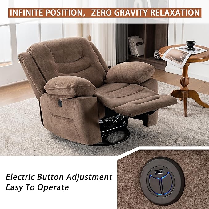 Power Swivel Rocker Recliner with Massage and Heat USB Port Infinite Position Oversized Electric Glider Rocking Chairs Living Room Soft Fabric Reclining Sofa Chair(Mocha)