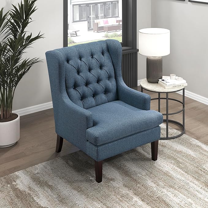 Lexicon Living Room Accent Chair Textured Fabric Upholstered Reading Chair Button-Tufted High Wingback for Living Room/Bedroom/Office Blue