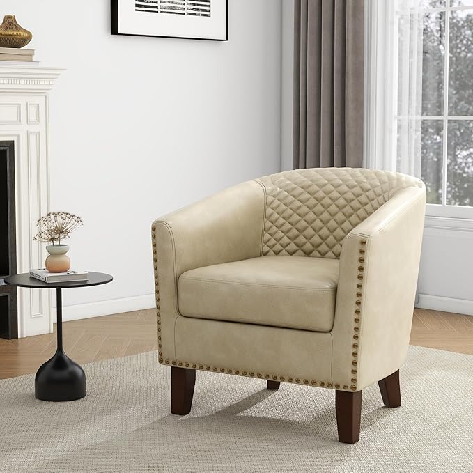 UIXE Faux Leather Accent Chair Barrel Club Chair Upholstered Armchair for Living Room Comfy Modern Round Arm Chair Bedroom Reading Seat - Beige