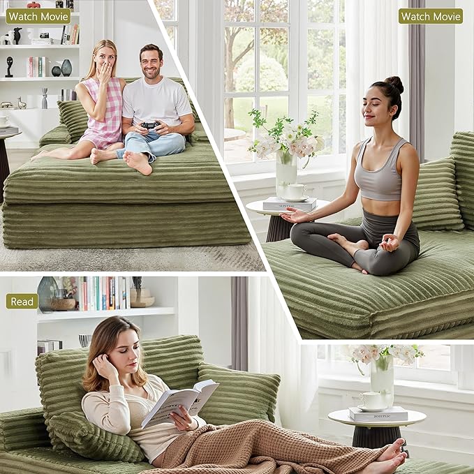 Hanherry 54x71 Oversized Chaise Lounge Sofa Chair Indoor Corduroy Memory Foam Couch Plush Reading Chair Upholstered Sofa Bed Couches with 2 Throw Pillows for Living Room Bedroom No Assembly