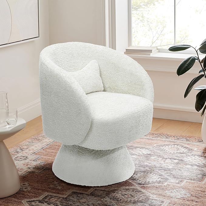LuxenHome Swivel Barrel Accent Chair Club Swivel Chair with Upholstered Boucle Accent Chair with 360 Wood Base Arm Chairs for Living Room Bedroom Nursery Accent Sofa Chairs Cream