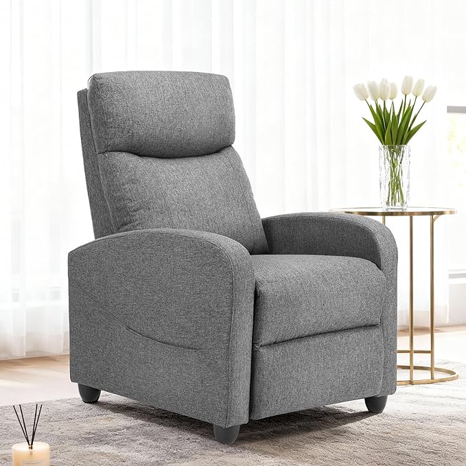 Sweetcrispy Recliner Chair Fabric Recliner Sofa No Massage Home Theater Seating with Lumbar Support Adjustable Push Back Overstuffed High-Density Sponge Reclining for Living Room Grey