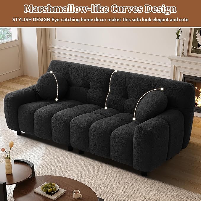 73 Boucle Cloud Sofa Couch with 2 Soft PillowsComfy Upholstered Teddy 2 Seater LoveSeat SofaModern Deep Seat Sherpa Cloud Couch Oversized Love Seat for Living Room Bedroom Apartment Black