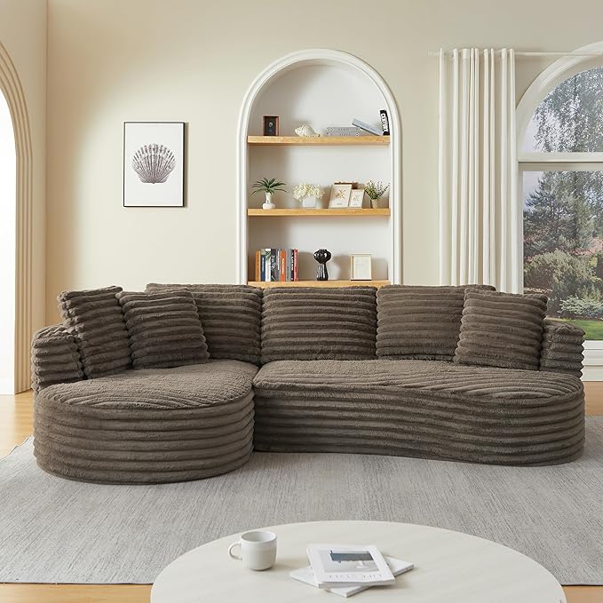 Modern Boneless Curved Sectional Sofa Oversized Minimalist L-Shape Corduroy Sponge Sofa with Round Chaise Comfy Sleeper Couch for Living Room Apartment Reception Spaces 4 Seat Brown Left Chaise
