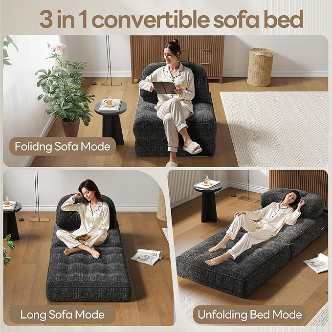 Dowinx Folding Sofa Bed with Pillow Small Convertible Comfy Couch Bed for Adults Home Lounge and Gaming Modern Comfortable Design for Apartment Living Room Bedroom Smooth Velvet Black