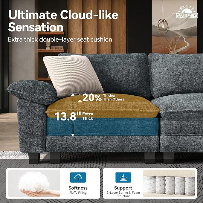 U Shaped Modular Cloud Couch 157.5'' Oversized Chenille Sectional Sofa with Wider Armrest and Ottoman Upholstered 6-Seat Modern Deep Seat for Bedroom Living Room Cyan