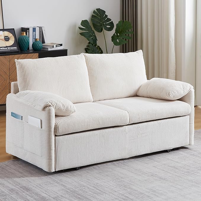 Eafurn 3 in 1 Convertible Pull Out Sleeper Sofa Couch Bed Queen Size Corduroy Pullout Lounge Loveseat RV Sofa&ampCouches Sofabed with Soft Pillows ArmrestSide Pockers for Living Room Apartment