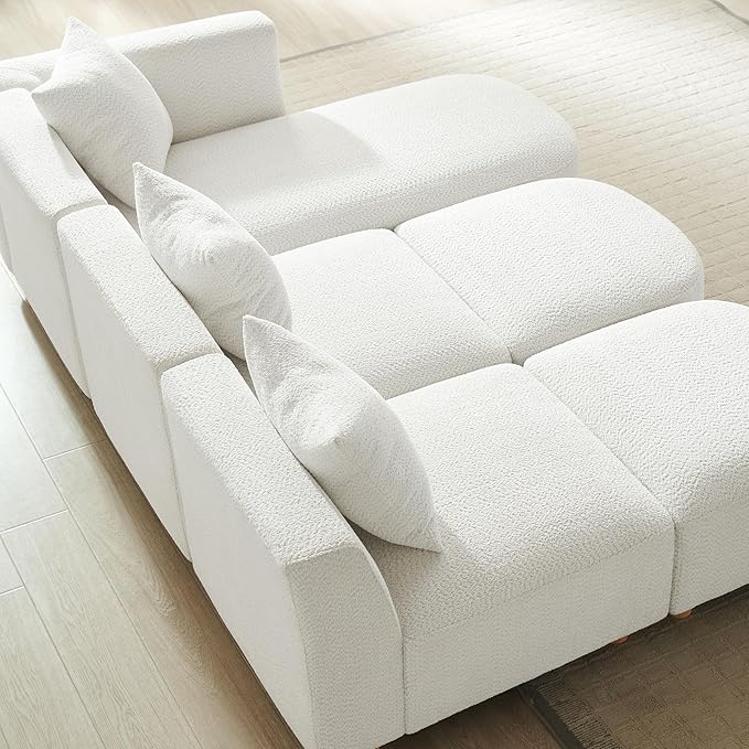 VANOMi 109.84 Modular Sectional Sofa with 3 Pillows Convertible 5-Seater Comfy Boucle Cloud Couch with Ottoman Modern Sectional Sofas for Living Room Office Apartment (White)