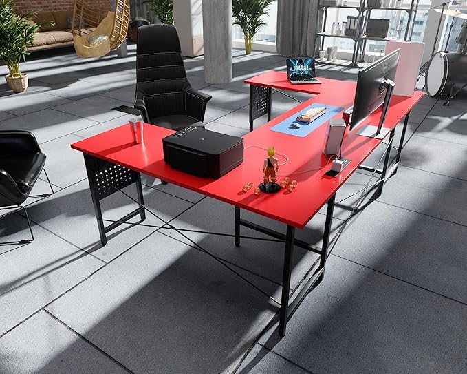 Pamray 71 Inch Large Computer Desk with Power OutletsU Shaped Corner Desk for Home Office Work and Gaming Red